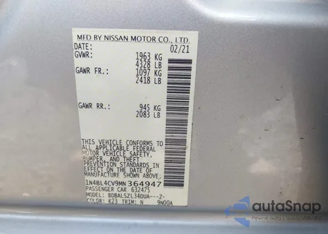 2021 Nissan Altima Sr Fwd z USA, uszkodzony, nr VIN 1N4BL4CV9MN364947